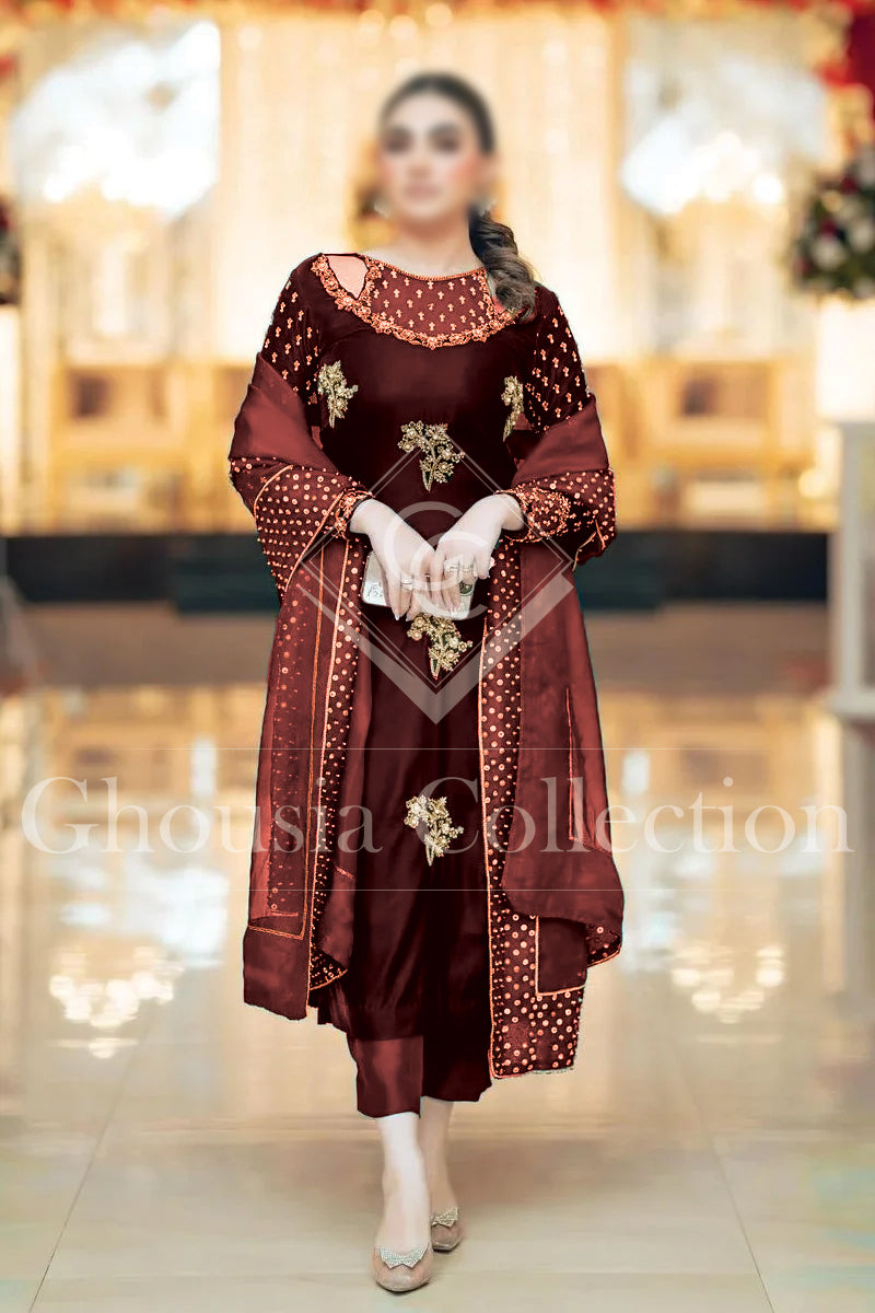 GHOUSIA COLLECTION 3 PEC VELVET STITCHED COLLECTION