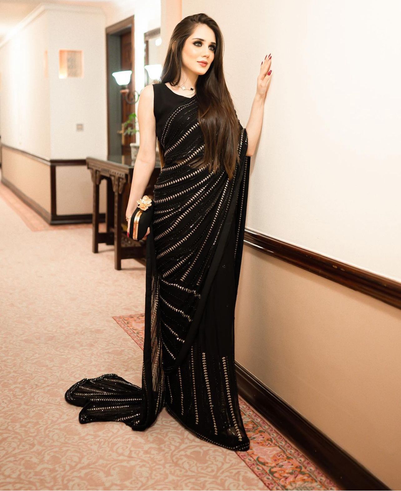 GHOUSIA COLLECTION UNSTITCHED CHIFFION SAREE BLACK