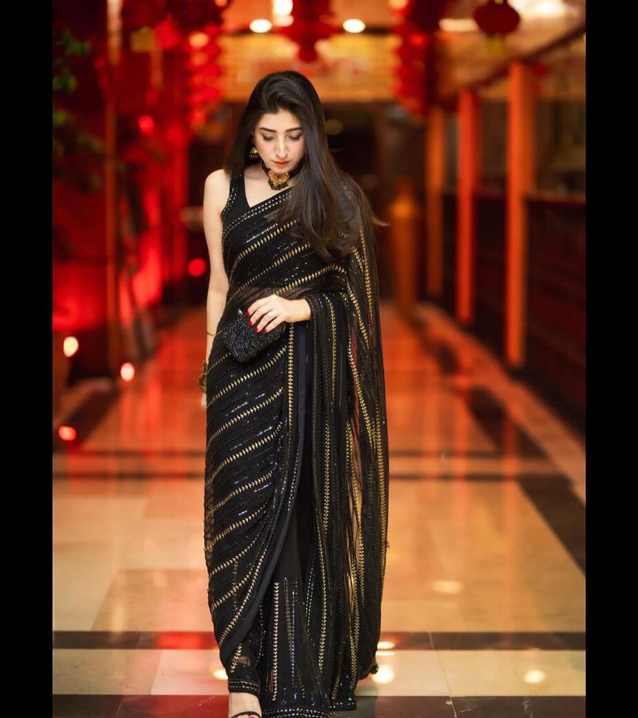 GHOUSIA COLLECTION UNSTITCHED CHIFFION SAREE BLACK