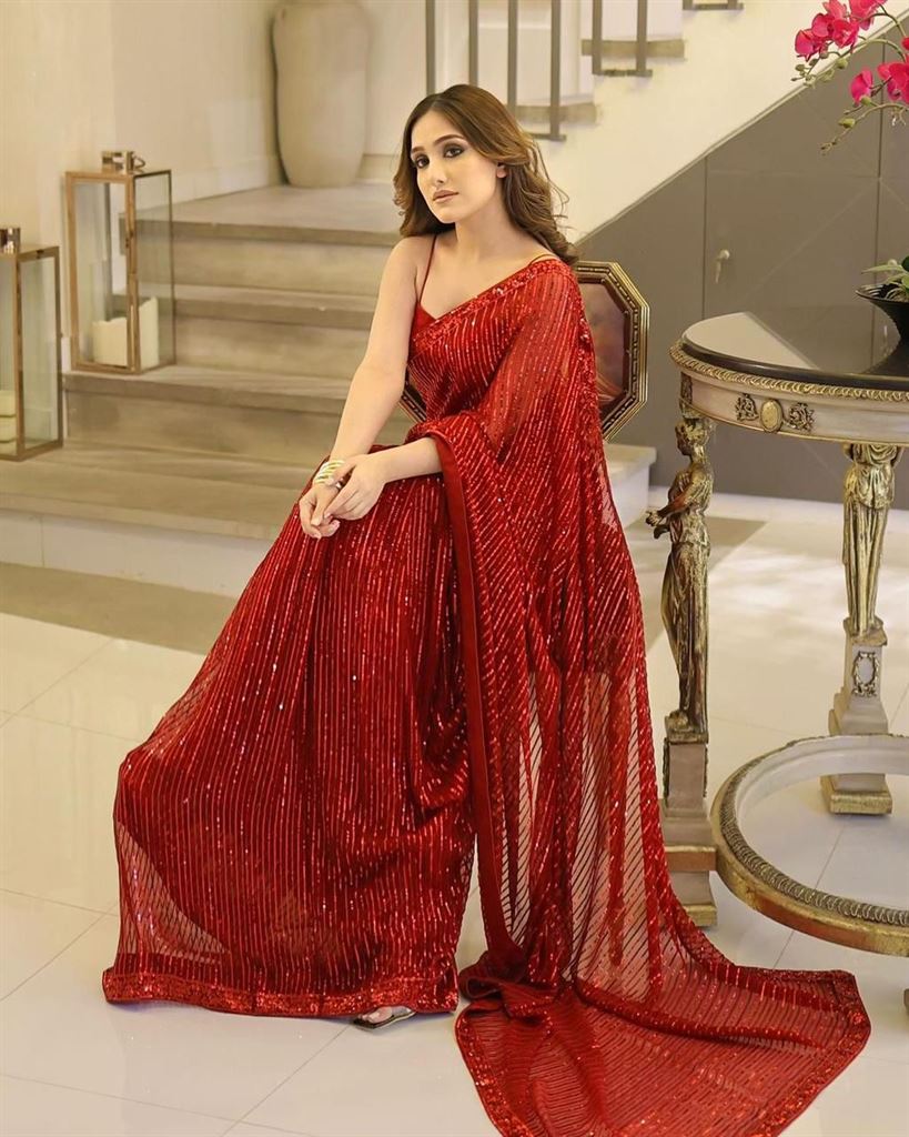 GHOUSIA COLLECTION UNSTITCHED CHIFFION RED SAREE