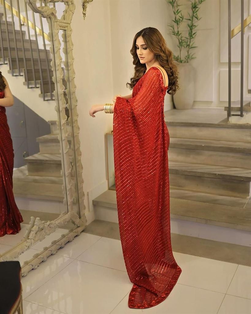 GHOUSIA COLLECTION UNSTITCHED CHIFFION RED SAREE