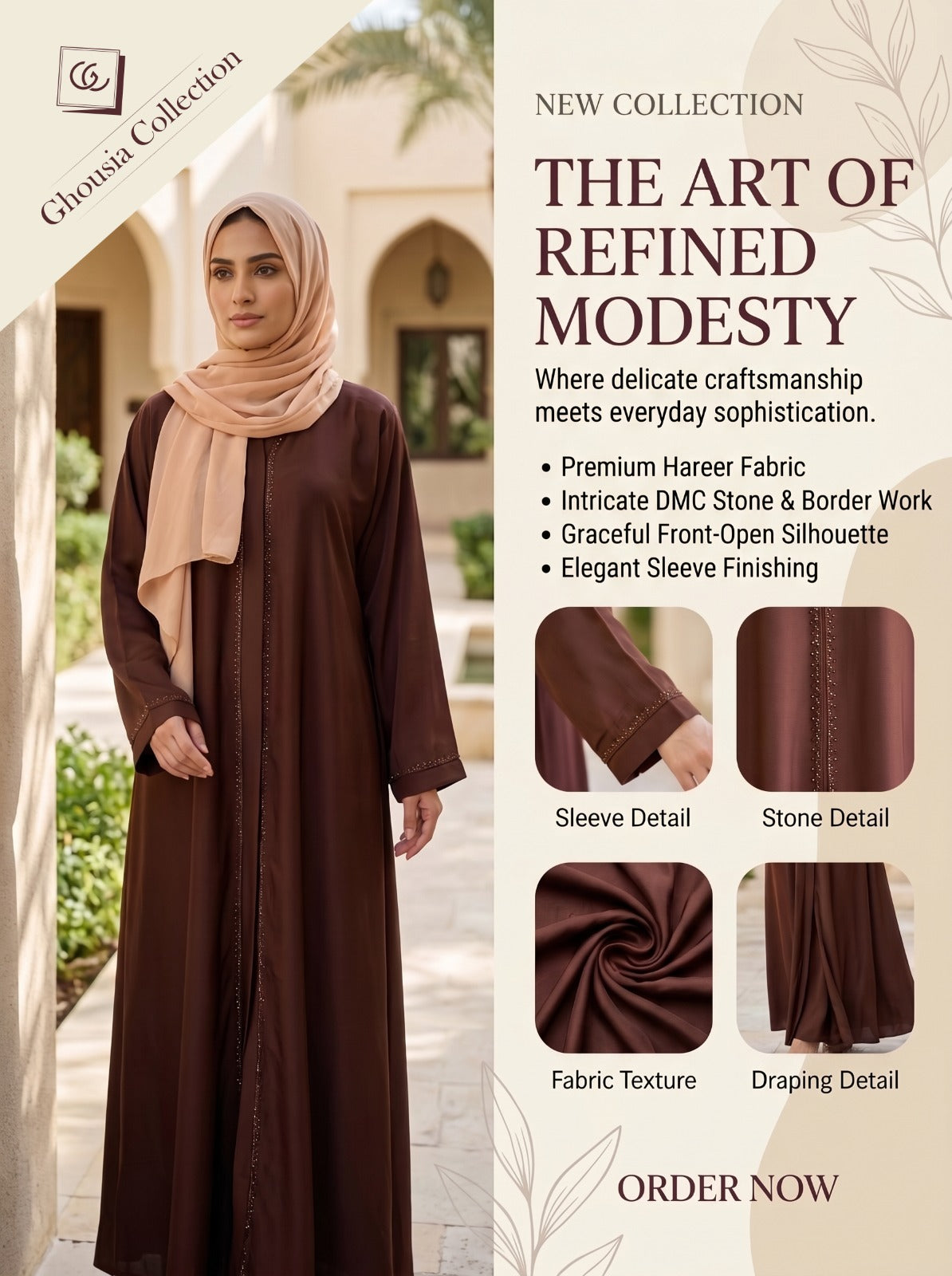 DMC Stone Border Front-Open Abaya
