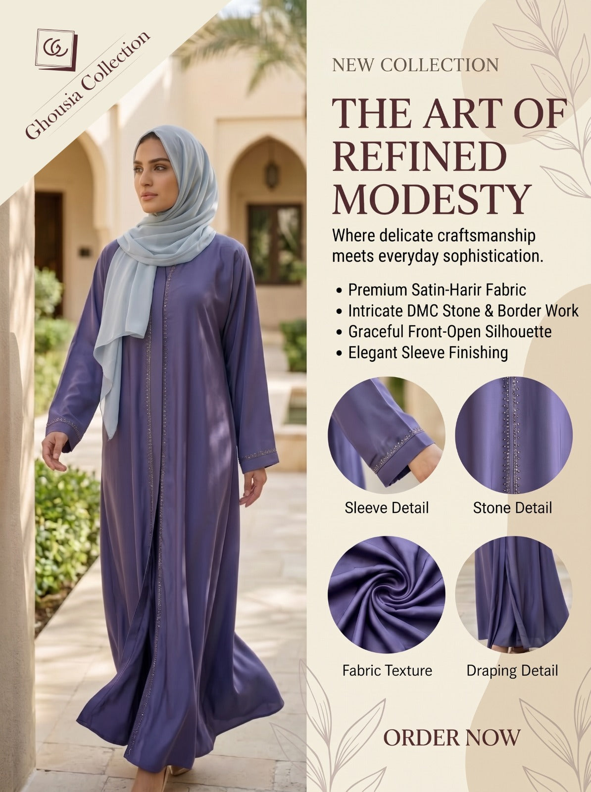 DMC Stone Border Front-Open Abaya